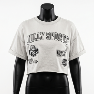 เสื้อครอปท็อปผู้หญิง ผ้าคอตตอนพรีเมียม 240 GSM สีเบจ พิมพ์ลายพัฟ พร้อมสกรีนโลโก้ เสื้อยืดครอปท็อปผ้าฝ้าย 100% ระบายอากาศได้ดี - Product Image 3
