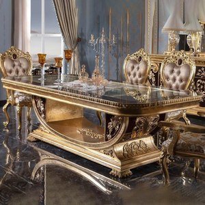 Ensemble de salle à manger en bois de style européen, finition dorée, chaises sculptées brillantes, 6 pièces, dossier massif, design antique, mobilier d'hôtel - Product Image 2