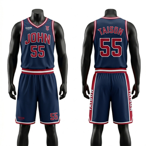 Mens basketball uniform 160 GSM breathable polyester mesh navy red <b>white</b> <b>panel</b> design custom sublimation print jersey set - Product Image 1