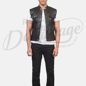 Chaleco de Cuero Genuino Negro Personalizado para Hombre, Corte Ajustado, Sin Cuello, con Botones a Presión y Bolsillos Dobles en el Pecho - Product Image 1