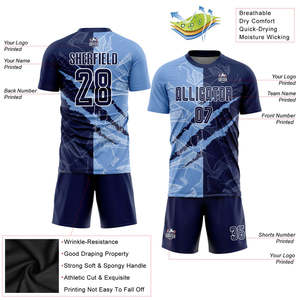 Custom Soccer Uniform Navy <b>Light</b> Blue Split Scratch Personalized Team <b>Name</b> Number Football Jersey Shorts Full Kit Men Youth - Product Image 3