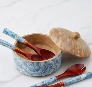 Bol en bois avec revêtement émaillé alimentaire imprimé, cuillère à salade en bois imprimée et couvercle, pour service de salade - Product Image 3