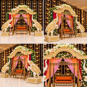 Superbe décoration de scène de mariage sud-indienne avec arche en forme d'éléphant, arche royale blanche et dorée, scène de mariage avec balançoire dorée - Product Image 6