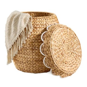 Handwoven <b>Water</b> <b>Hyacinth</b> <b>Basket</b> With Lid Elegant Round <b>Hyacinth</b> <b>Storage</b> Hamper For Towels Blankets And Household Items - Product Image 3
