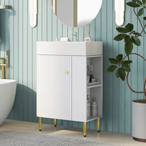 Mobile bagno bianco da 21,6 pollici con lavabo singolo in ceramica, mobiletto contenitore con vano a destra, mobiletto singolo per bagno - Product Image 1