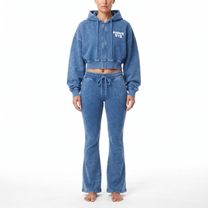 Conjunto de sudadera con capucha y pantalón jogger de forro polar azul para mujer, con bolsillo lateral, hombros caídos, manga larga y cordón ajustable. - Product Image 2
