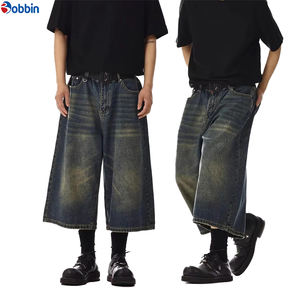 กางเกงยีนส์ขาสั้นทรงหลวมสไตล์เรโทรสีดำสำหรับผู้ชาย เป็นมิตรกับสิ่งแวดล้อม แห้งเร็ว ระบายอากาศได้ดี ผ้าฝ้ายทรงขาบาน - Product Image 4