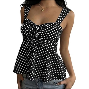 Camiseta sin mangas de punto con lunares para mujer, cuello cuadrado, fruncida, informal - Product Image 1