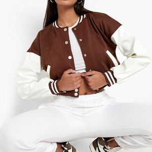 Brown <b>White</b> Color Blocking Varsity <b>Jacket</b> <b>Short</b> Length Button Closure Casual Style Unisex Autumn Wear - Product Image 5