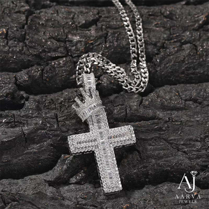 Vintage Christian Hip Hop Cross Pendant Necklace Iced Out Zircon <b>Crown</b> Baguette CZ 18K Gold Plated <b>Silver</b> Jewelry for Men Women - Product Image 1