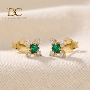Designer Jewelry 14KT Solid Yellow Gold Lab Grown Diamond and Colombian <b>Emerald</b> <b>Stud</b> <b>Earring</b> Round Cut IGI Certified for Women's - Product Image 5