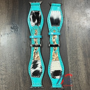 สายนาฬิกาหนังวัวแท้ลายดอกไม้สีเทอร์ควอยซ์ งานแฮนด์เมด สำหรับเปลี่ยนใส่สมาร์ทวอทช์ เหมาะสำหรับเป็นของขวัญและของแจก - Product Image 1