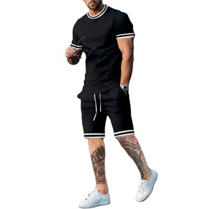 Ensemble de t-shirts décontractés pour hommes, à manches courtes, imprimés en sérigraphie, avec bordure blanche, col rond, tricoté, respirant, pour l'été, couleur unie - Product Image 1