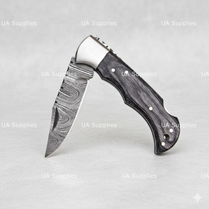 UA Supplies Damascus Steel Folding Hunting <b>Knife</b> Blue Pakka Wood <b>Handle</b> Handmade Pocket <b>Knife</b> Premium OEM ODM Supplier Clip - Product Image 6