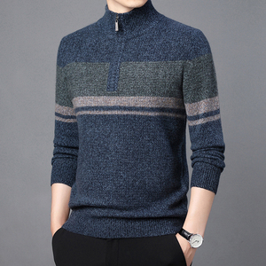 <b>Men's</b> Wool Acrylic Striped 1/4 Zip <b>Turtleneck</b> Cardigan Full Sleeve Thick Anti-Pilling Winter <b>Sweater</b> - Product Image 4