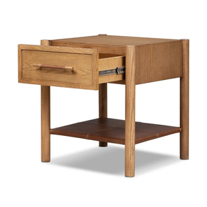 Modern Mango <b>Wood</b> Nightstand <b>Bedside</b> Table 1 Drawer Side <b>Cabinet</b> with Leather Shelf for Bedroom Hotel Home Office - Product Image 4
