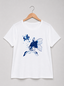 Women's White Cotton <b>T</b>-<b>Shirt</b> With screen printed Blue <b>Fish</b> Design Crew Neck Short Sleeve Casual Spring Summer Wear - Product Image 1