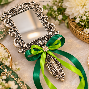 Miroir à main en argent allemand avec ruban vert, miroir de courtoisie rectangulaire avec ruban vert, cadre décoratif traditionnel Desi - Product Image 4