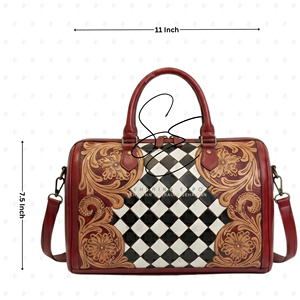 Sac de voyage SEHRAINN en cuir repoussé, motif à carreaux rouges, forme tonneau, sac de luxe avec fermeture éclair, durable - Product Image 3