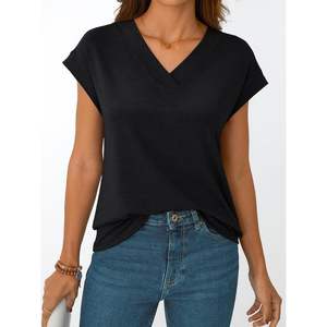 2025 2025 verano gorra de mujer Camiseta de manga corta con cuello en V elegante Casual moda Tops para trajes de vacaciones - Product Image 5