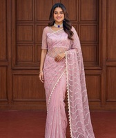 Sari indien traditionnel ethnique de créateur pour mariage, avec broderie en résille lourde et travail de sequins, pour femme, coupe tendance
