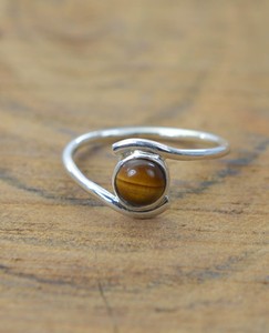 Anillo fino de Plata de Ley 925 minimalista delicado de alta calidad, ajuste de bisel de cabujón de ojo de tigre de 6mm, estilo clásico, Marrón genuino - Product Image 5
