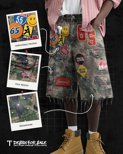 Hot Selling Custom Men <b>Y2K</b> Graphic T <b>Shirt</b> With Camo Patchwork Denim Distressed Shorts Sets Streetwear Style Summer Wear - Product Image 4