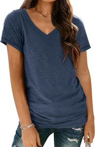 Camiseta de Manga Corta para Mujer, Cuello en V, Algodón, Corte Ajustado, Estampado Sólido, Textura Arrugada, Encaje - Product Image 3