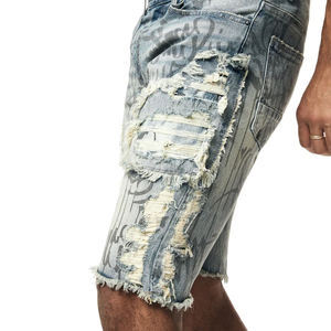 Shorts en jean décontractés pour hommes, taille haute, effet vieilli, de qualité supérieure, avec logo personnalisé, en tissu respirant et écologique, vente en gros - Product Image 5