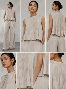 Summer Sleeveless Linen Top High Waist Pant <b>Set</b> Women Premium Breathable Fabric Elegant Two Piece Matching Bohemian Eco-Friendly - Product Image 5