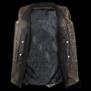 Gilet de moto en cuir de vachette vieilli marron avec système à dix poches, boutons-pression vintage, lacets latéraux en cuir, fermeture simple au dos, collection automne - Product Image 4