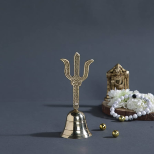 Brass ritual hand bell featuring a prominent Om symbol handle, available at wholesale prices. - Product Image 4
