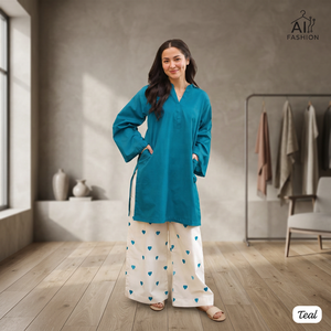 Ensemble pour femme Kurti couleur turquoise avec pantalon palazzo imprimé cœur, coupe ample, longueur cheville, style décontracté indien pakistanais - Product Image 5