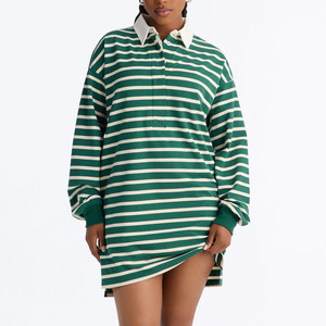 Vestido Camisero Oversize a Rayas para Mujer al por Mayor, Manga Larga, Cuello Polo, Dobladillo Asimétrico, Mini, Casual, de Algodón Tejido Transpirable - Product Image 1
