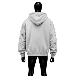 Customized Vintage Light Gray Distressed Zip Hoodie Oversized Streetwear <b>Men</b> Rhinestone Detail French Terry Hooded Embroidered - Product Image 2