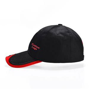 Custom Logo Embroidered 6-Panel <b>Baseball</b> <b>Cap</b> <b>Black</b> Red Trim Unisex Cotton Casual Hat - Product Image 1