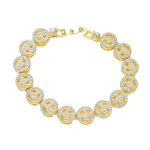 <b>Cute</b> 22k Gold Plated Crystal Smile Face Chain <b>Bracelet</b> Unisex Everyday Wear Bezel Setting Link Style - Product Image 1