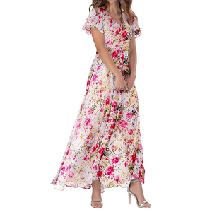 Robe longue trapèze 7112 pour femme, bleu clair, imprimé floral, taille froncée, pour invitée de mariage estival, 100 % polyester, vente en gros - Product Image 5