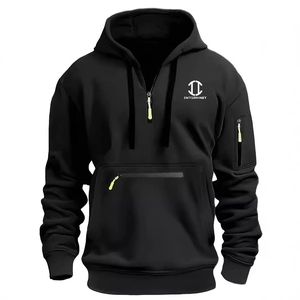 INTERKNIT Men's <b>Light</b> Gray Quarter-Zip Hooded Fleece <b>Jacket</b> with Front and Sleeve Zippers Casual Autumn Wear - Product Image 3