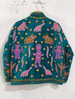 Veste en velours vert vintage brodée à la main pour femme, motif floral et animaux de dessin animé, col montant, manches longues, coupe oversize