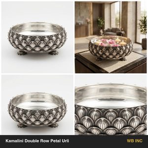 Cuenco Urli de Aluminio Plateado Antiguo Hecho a Mano de 36 cm de Profundidad con Relieve de Doble Hilera de Pétalos Kamalini, Centros de Mesa para Bodas, Decoraciones de Mesa - Product Image 6
