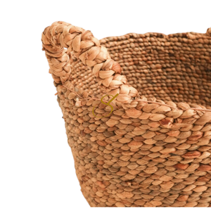 Panier de rangement rond en jacinthe d'eau tressé à la main, style bohème, avec poignées, pour salon, 100% fait main - Product Image 2