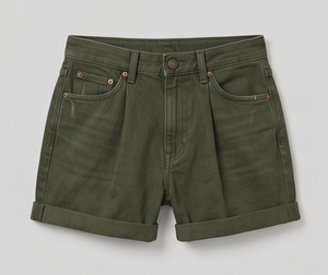 Short en jean vert olive en coton, taille haute, coupe droite, fermeture boutonnée, style décontracté d'été, détails surpiqués - Product Image 1