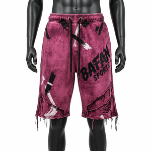 กางเกงขาสั้นผู้ชายผ้าฝ้ายฟลีซพรีเมียม 340 GSM สีแดงไวน์ ลวดลายพิมพ์โลโก้แบบดิสเทรส - Product Image 1