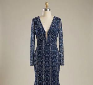 Robe de soirée sirène bleu marine faite main, ornée de sequins et de perles, col en V profond, la plus vendue – Fournisseur - Product Image 1
