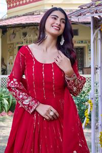 <b>Red</b> Faux Georgette Embroidered Anarkali Gown with Dupatta <b>Sequin</b> Floral Ethnic Wear for Wedding Party Diwali - Product Image 2