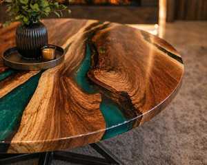 Mesa de centro redonda de madera natural con resina, borde natural, muebles contemporáneos para sala de estar, diseño artesanal duradero para interiores. - Product Image 4