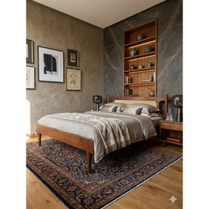 Lit king size moderne de style mid-century en bois d'acacia massif avec tête de lit en rotin – finition rotin tressé - Product Image 1