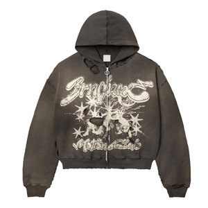 Sweat à capuche oversize pour homme, style streetwear, imprimé graffiti effet peinture, fermeture éclair frontale, coupe droite, en coton tricoté, style automne - Product Image 3