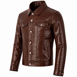 Blouson en cuir véritable marron gaufré pour homme, coupe ajustée personnalisée, style camionneur, fermeture boutonnée, décontracté, pour motard - Product Image 4